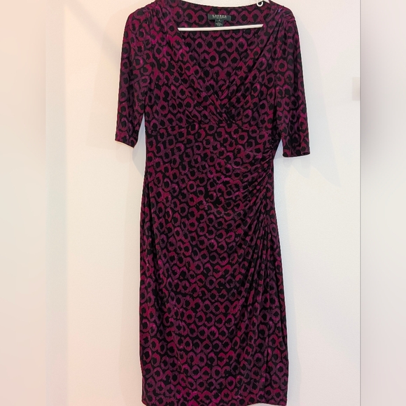 Ralph Lauren Vintage 90s Sheath Dress Burgundy Abstract Print Midi - Picture 2 of 4